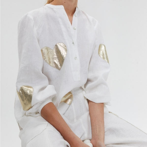 Cupid Linen Shirt - Off-White w/ Gold Hearts - Picture 3 of 5